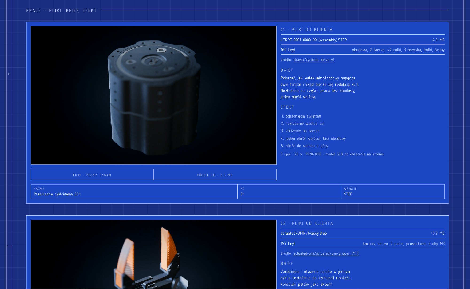 Sekcja Prace na cadwruchu.pl: karta przekładni cykloidalnej z kadrem animacji po lewej, tabelką pliki, brief, efekt po prawej i przyciskami film pełny ekran oraz model 3D 2,5 MB