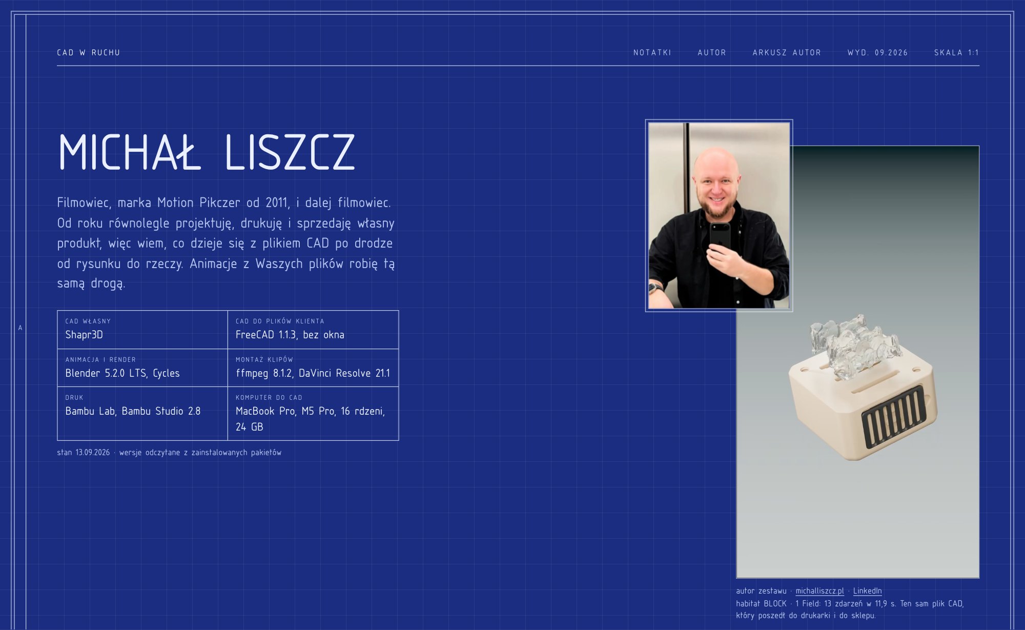 Strona Autor na cadwruchu.pl: nagłówek Michał Liszcz, tabelka narzędzi z wersjami FreeCAD 1.1.3, Blender 5.2.0, ffmpeg 8.1.2, po prawej kadr z animacji modułu habitat