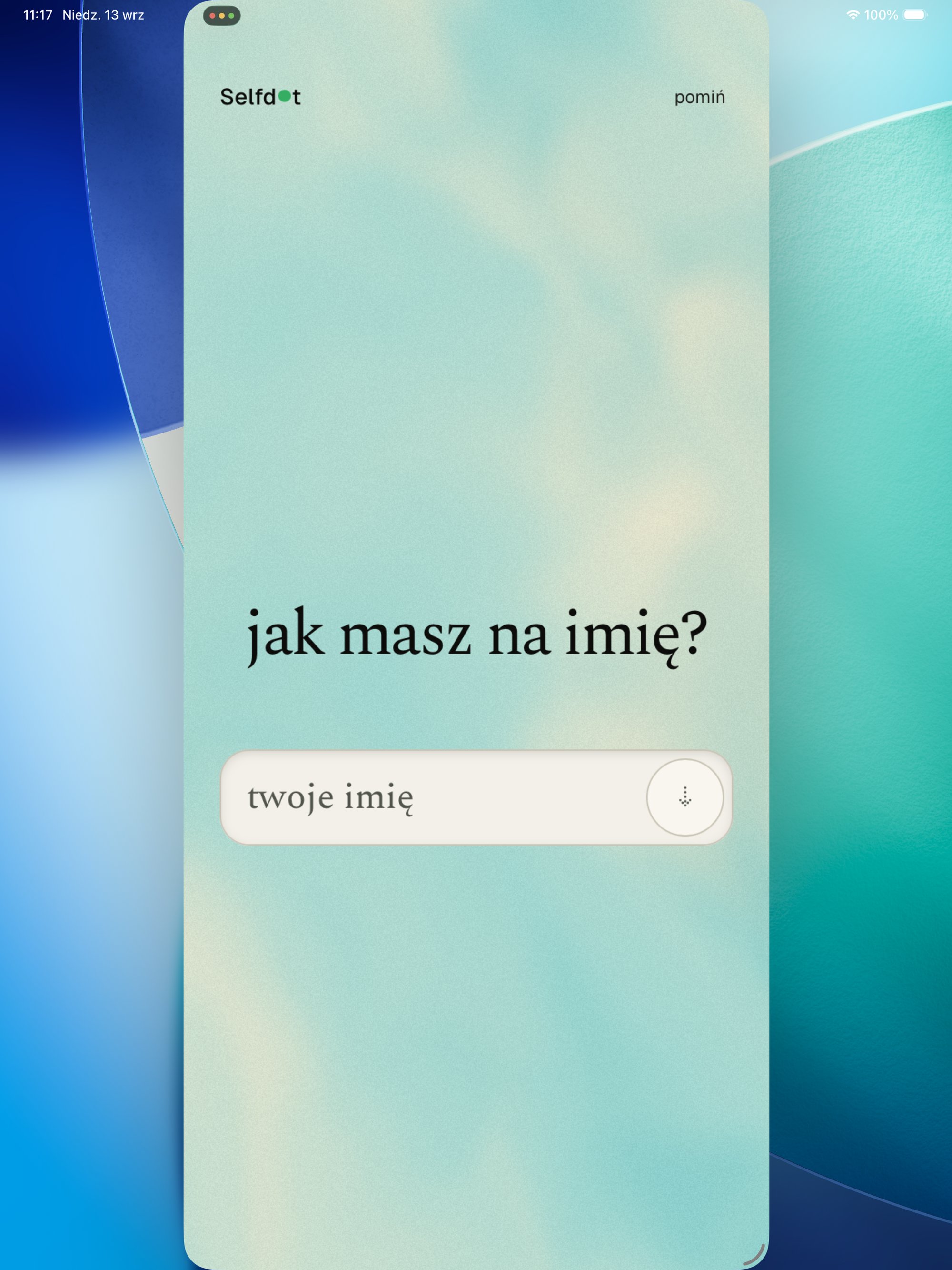 Selfdot na symulatorze iPada: wąskie okno kompatybilności iPhone'a na środku ekranu, w nim pusty gradient i pole na imię